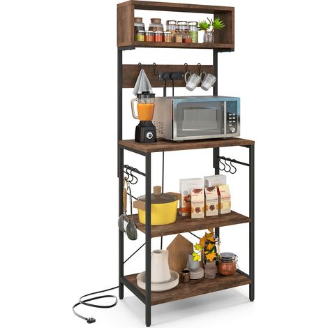 COSTWAY Kitchen Bakers Rack 153 cm Tall Microwave Stand w/Power Outlet-Brown (1/5)