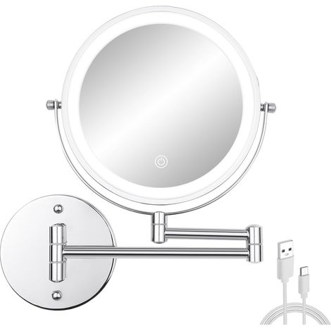 Wandmontierter Schminkspiegel mit Licht, 8 Zoll doppelseitiger 1x/10x Vergrößerungs-Rasierspiegel für Badezimmer mit 3-Farben-Licht, wiederaufladbarer Teleskop-Schminkspiegel