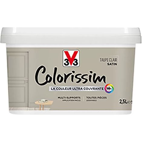 V33 – Peinture murale acrylique ultra-couvrante satin taupe clair 2,5 L – Lessivable et résistante aux taches – Pour murs et boiseries