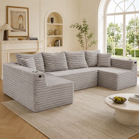 Canapé d'angle en U velours côtelé 6 places 320x155x88 cm - Canapé salon avec porte-gobelets et poches de rangement - Gris Clair (1/5)