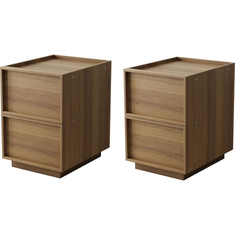 Table de chevet moderne en MDF effet chêne naturel 38x48x50 cm avec 2 tiroirs sans poignées (1/5)