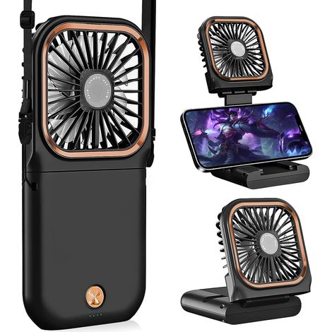 Ventilateur Cou Portable - Personnel - Silencieux pliable rechargeable USB support téléphone - Maison bureau voyage extérieur - Noir (1/5)