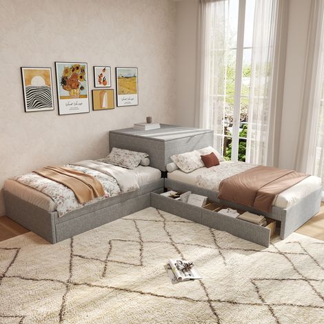 Letto d'angolo bambini 90x200 cm con 2 letti singoli, letto aggiuntivo, vano portaoggetti e cassetti, grigio, senza materasso