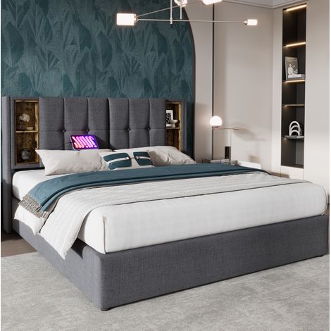Letto matrimoniale 180/200 cm in grigio con ricarica wireless, USB-C e vano contenitore (1/5)