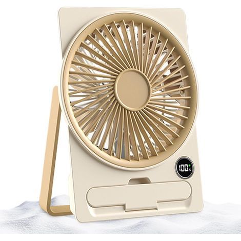 USB rechargeable table fan with LCD screen, ultra-thin design, ideal for camping, travel and indoor use, beige (1/5)