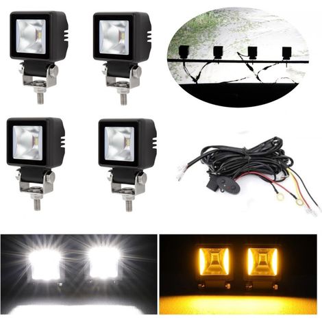 4er-Set LED-Halogenlampen mit Verkabelung, weißes Floodlicht + orangefarbenes DRL-Tagfahrlicht, 12V–24V für Off-Road/4x4/SUV