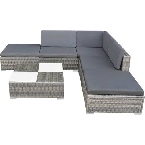 Salon de jardin avec coussins 6 pcs Mobilier de jardin résine tressée gris (1/5)