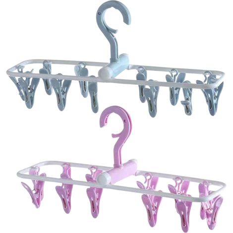 Lot de 2 cintres pliables et portables pour chaussettes, vêtements, linge, avec 12 clips