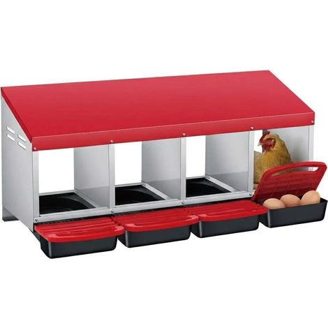 Pondoir mural métal 4 compartiments rouge – nid à rouleau avec ramasse-œufs automatique et plateau amovible – poulailler (1/5)