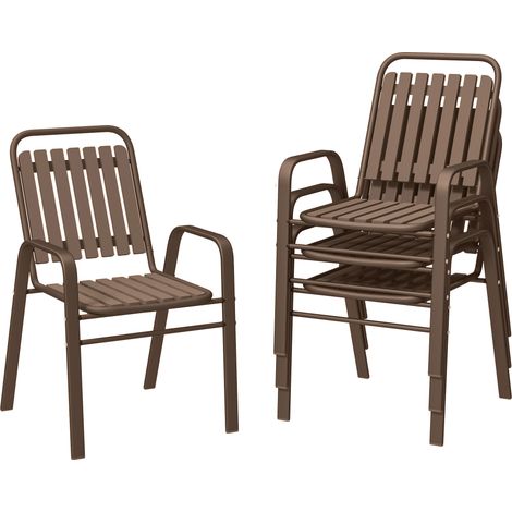 Set 4 sedie impilabili esterno acciaio PP con braccioli schienale alto, marrone scuro, 56x66x91 cm