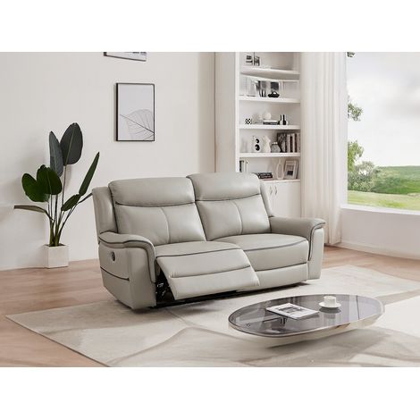 Vente-Unique – Canapé relax électrique 3 places en cuir de vachette gris clair – Ergonomie optimale – Inclinaison 135° – Charge max 360 kg – Port USB