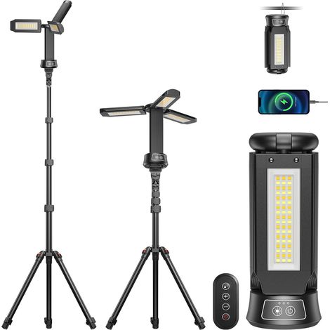 15000 mAh Projecteur de Chantier avec Télécommande, 5000LM Projecteur LED Rechargeable Dimmable, 5 Mode, Trépied Réglable 2.08m, Lampe de Camping Réglable avec Sac de Transport pour Atelier, Urgence (1/5)
