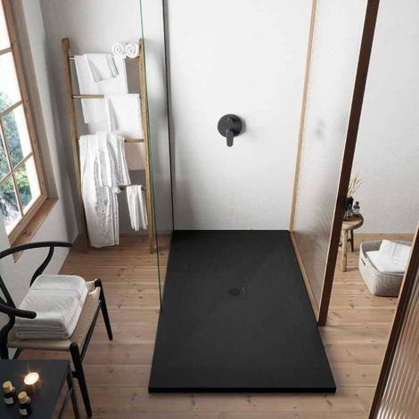 Receveur de douche 70x90 cm extra plat DEXA en résine surface ardoisée noir Grille noire (1/5)