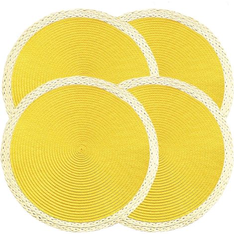 Sets de 4 sets de table ronds tressés - 15 pouces - Lavables, résistants à la chaleur pour table de salle à manger - Antidérapants pour usage intérieur/extérieur - Pour Pâques (01 Beige'Jaune (01) 4 p (1/5)