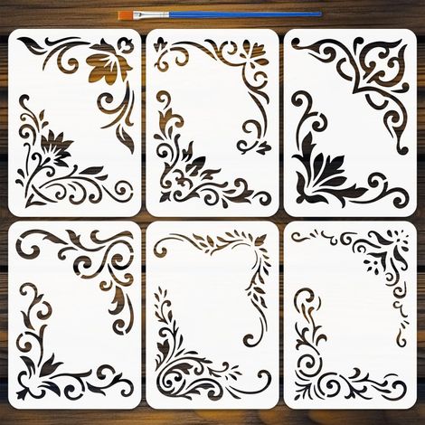 6Pcs Pochoirs Bordures et Coins Avec Pinceau 14.8x10.5cm (1/5)