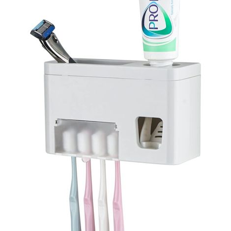 Portacepillos de dientes autoadhesivo para pared, portapasta multifuncional con tapa, dispensador automático de pasta de dientes para baño, portacepillos de dientes para habitaciones de estudiantes, u (1/4)