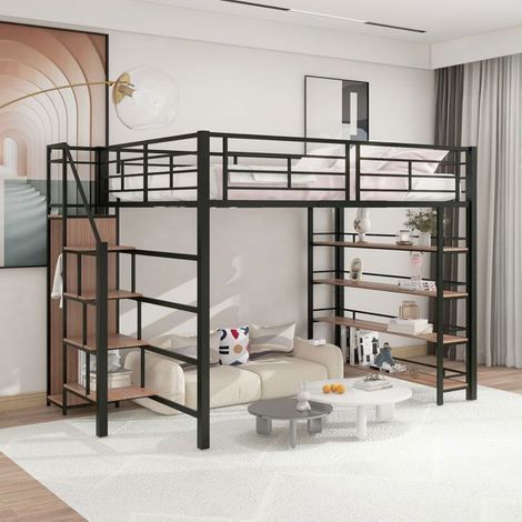 Lit mezzanine 140x200 - échelle rangements - lit mezzanine 2 places - clôture sécurité - petite armoire - avec étagères - noir (1/5)