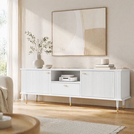 Mueble TV blanco de 170 cm en MDF con 2 puertas, cajón y nicho abierto HAVRYA (1/5)