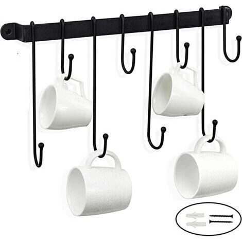 Support mural pour casseroles de 40 cm avec 8 crochets, étagère porte-ustensiles de cuisine avec adhésif puissant, pour casseroles, poêles, couvercles et ustensiles de cuisine, noir