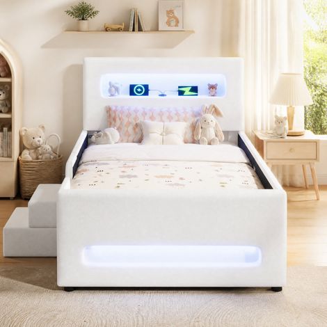Cama tapizada plataforma 218x97x95 cm, con cajón de almacenamiento, luces LED, PU, blanco (1/5)