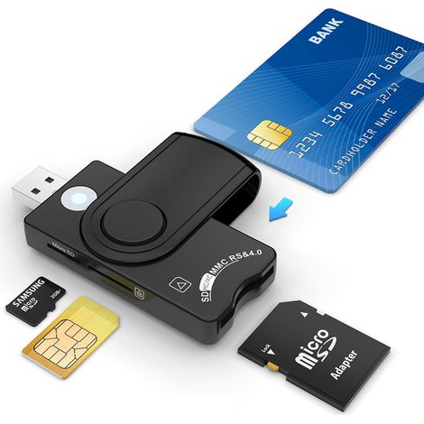 Lecteur de cartes à puce USB 4 ports, hub USB, lecteur de cartes CAC, SDHC/SDXC/SD et Micro SD pour cartes SIM et MMC RS & 4.0. Systèmes d'exploitation compatibles : Windows, Linux/Unix, macOS X. (1/5)