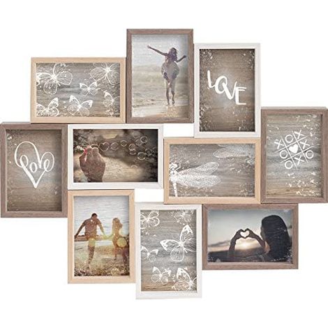 Cadre photo collage multicolore en bois – 10 emplacements pour photos 10x15 cm – Vitrage acrylique 2 mm – Support mural en métal (1/5)