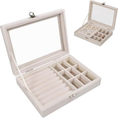 Boîte à bijoux beige – Couvercle en verre – 9 compartiments – Avec serrure – Voyage et rangement (1/5)
