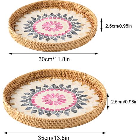 Lot de 2 plateaux en rotin faits main, décorés de coquillages colorés, pour fruits, pain et en-cas. (1/5)