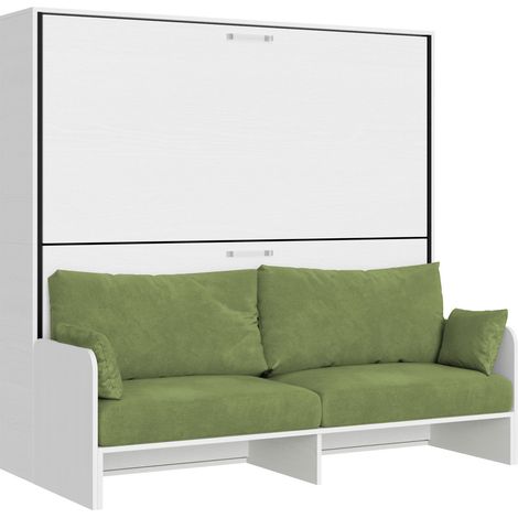 Letto doppio a scomparsa Kando con divano bianco frassino, verde