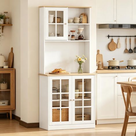 Hochschrank mit 2 Glastüren und Verstellbarem Regal, 80 × 37 × 183 cm, für Küche, MDF und Glas, Weiß und Hell Eiche (1/5)