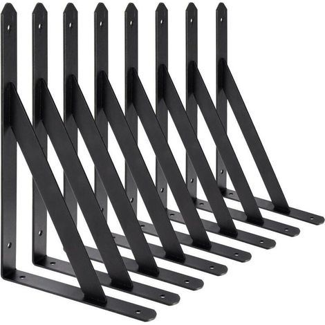 BR-Vie Equerre Etagere Murale, 8 Pcs Supports Triangulaires de 90 Degrés en Acier, Équerres Étagères 200mm x 120mm, Support d'angle Brace (Noir) (1/5)
