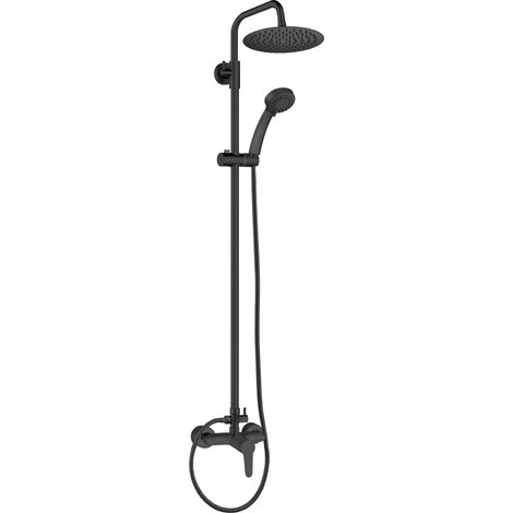 Homssy Columna de Ducha Monomando – Rociador de 20 cm, Mango de Barra de Pared, Flexo, Soporte de Ducha y Inversor Cerámico, Acabado en Negro Mate, Material Latón (1/5)