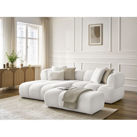 BOBOCHIC - Canapé d'angle fixe PAMIRA tissu bouclette avec pouf Angle gauche  Blanc (1/5)