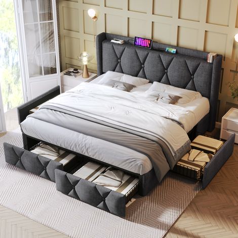 Lit rembourré 140x200 avec matelas tiroirs USB gris (1/5)