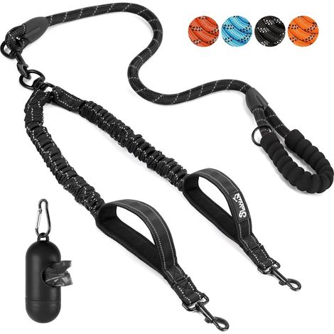 2 laisse double pour chien, poignées rembourrées, élastique 50-89cm, mousqueton 360°, bandes réfléchissantes, grands chiens