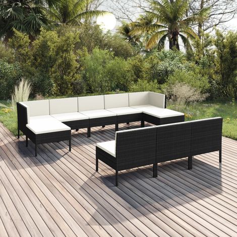 10-tlg. Garten-Lounge-Set mit Auflagen Poly Rattan Schwarz (1/5)