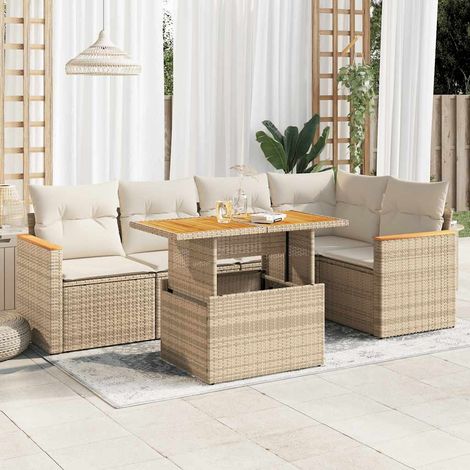 6 Piece Garden Sofa Set with Cushions Beige Poly Rattan Acacia vidaXL (1/5)