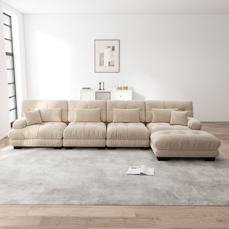 Canapé d’angle modulable 4 places, forme l avec ottoman mobile, tissu chenille, confort moelleux, brun clair (1/5)
