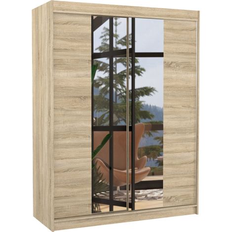 Armoire de chambre 2 portes coulissantes bois clair et miroir Zomka 150cm (1/5)