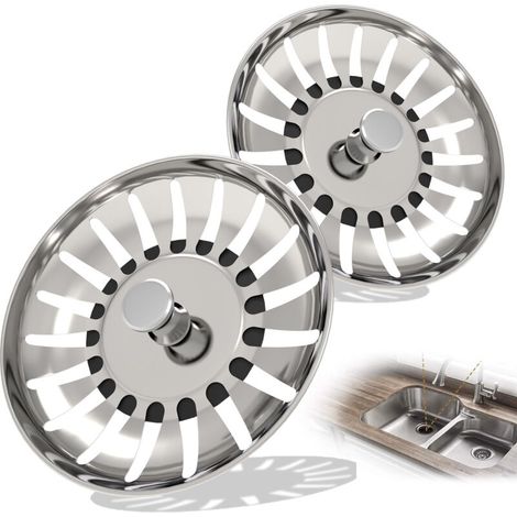 Lot de deux bouchons de crépine d'évier de cuisine, en acier inoxydable épais, avec deux joints d'étanchéité en silicone, adaptés aux éviers britanniques avec un diamètre de trou de 80 mm. (1/5)