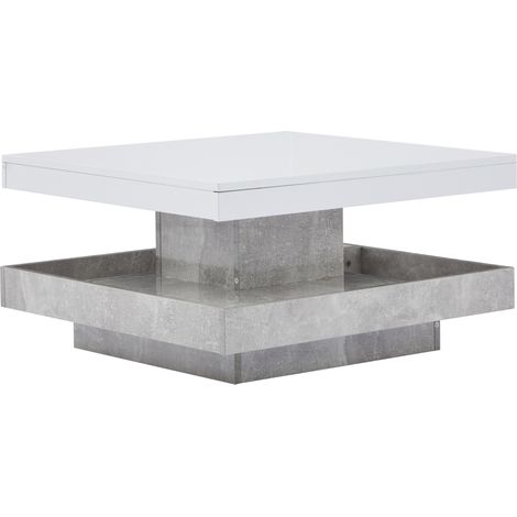 Table basse double fonctionnelle plateau blanc brillant pivotant 360°, rangement, 70x70x36 cm (1/5)