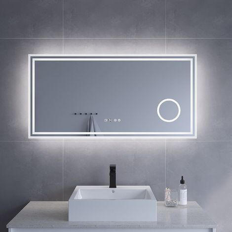 Badspiegel mit Kaltweißes Licht Beleuchtung Rechteckig 120x60 cm LED Wandspiegel, Beschlagfrei, Dimmbar, LED Digitaluhr, 3-facher Vergrößerung Spiegel (1/5)