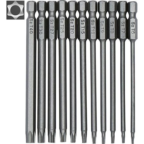11 Embouts De Tournevis Longs Pour Tournevis Lectriques Et Tournevis - Embouts Magntiques - Tige Hexagonale 1/4" - Tailles T6  T40 - Longueur 100 (1/5)
