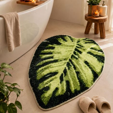 Monstera - Tapis de bain - Vert - 50 x 80 cm - Doux - Lavable - Antidérapant - Absorbant - Pour cuisine, couloir, chambre à coucher (1/5)