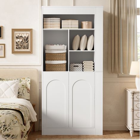 Armadio multifunzione 85x35x180 cm, con ripiani a vista, ante doppie, vani laterali, truciolato bianco (1/5)