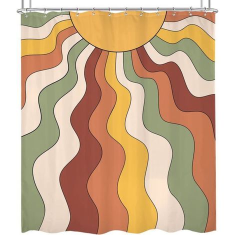 Rideau De Douche - Tissu Impermeable - 150 x 180 cm - Motifs Abstraits Vagues Soleil Arc-En-Ciel - Avec 12 Crochets (1/4)