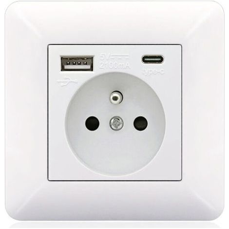 French Type-C + USB Power Strip 16A – 2 Outlets – 1 USB Port – 1 Type-C Port – Horizontal/Vertical Installation – Elegant White Design (1/3)