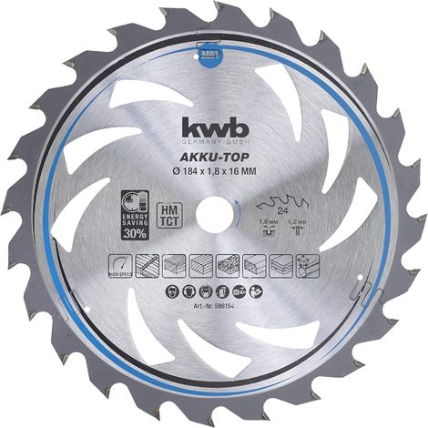 kwb Kreissägeblatt 184 x 16 mm, leichtgängig, speziell für Akkumaschinen, Sägeblatt geeignet für Weich- und Hartholz, Tischlerplatten und Spanplatten (1/5)