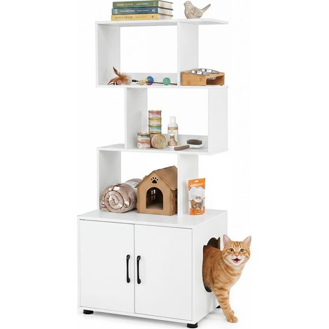 Meuble Litière Chat 2 en 1 avec Étagères de Rangement Maison de Toilette Chat avec 2 Portes, Entrée Latérale, Trous d'Aération, 60x45x141 cm, Blanc (1/5)