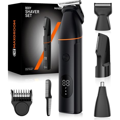 Tondeuse Corps Homme Électrique, 4 en 1 Multifonction Tondeuse Partie Intime Homme, 7000RPM Rasoir Barbe, Long Endurance Rasoir Électriques Hommes, IPX6 Tondeuse Testicule Kit (1/5)